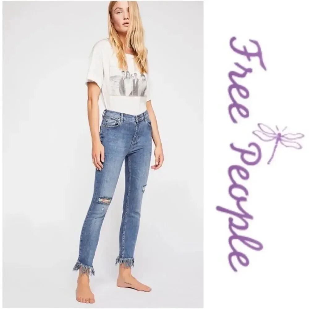 Free People Great Heights Medium Wash Fray Distressed Skinny Jeans Size 24